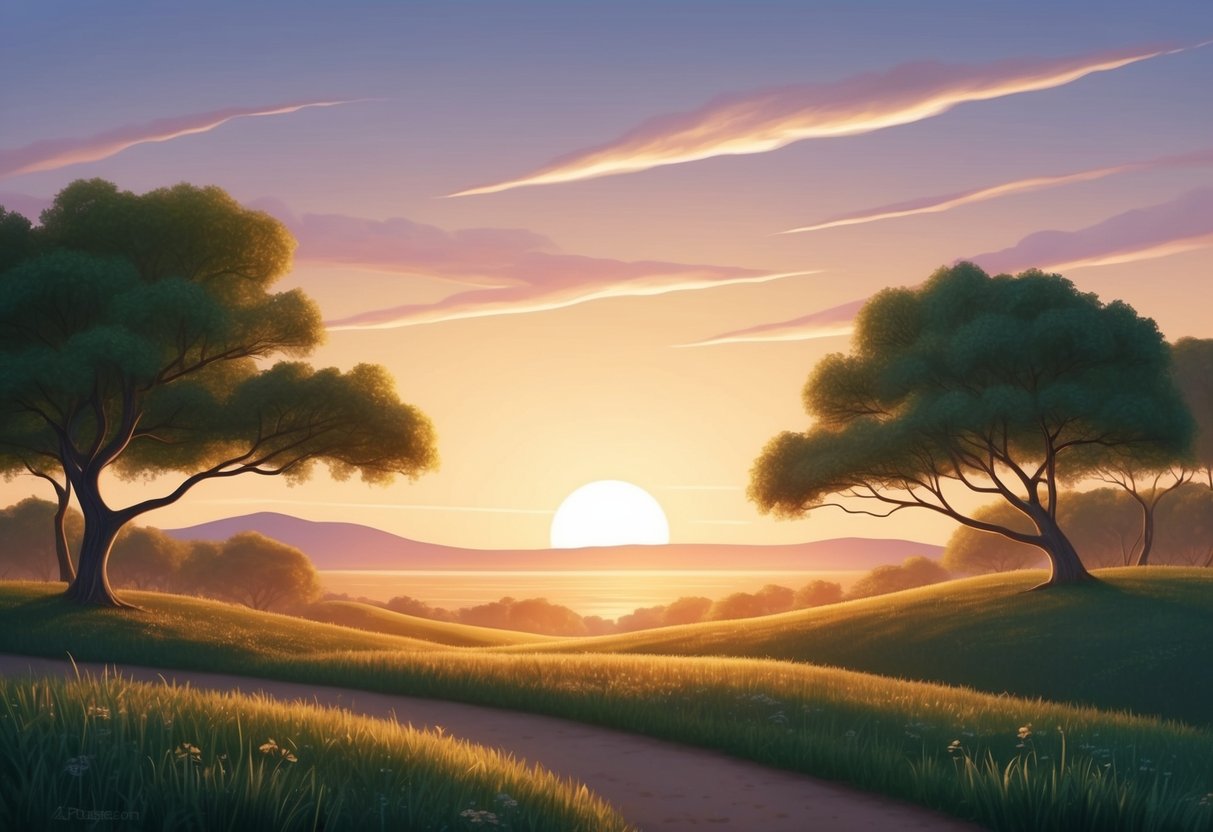 A serene landscape with the sun rising or setting over a horizon, casting a warm glow on the surroundings