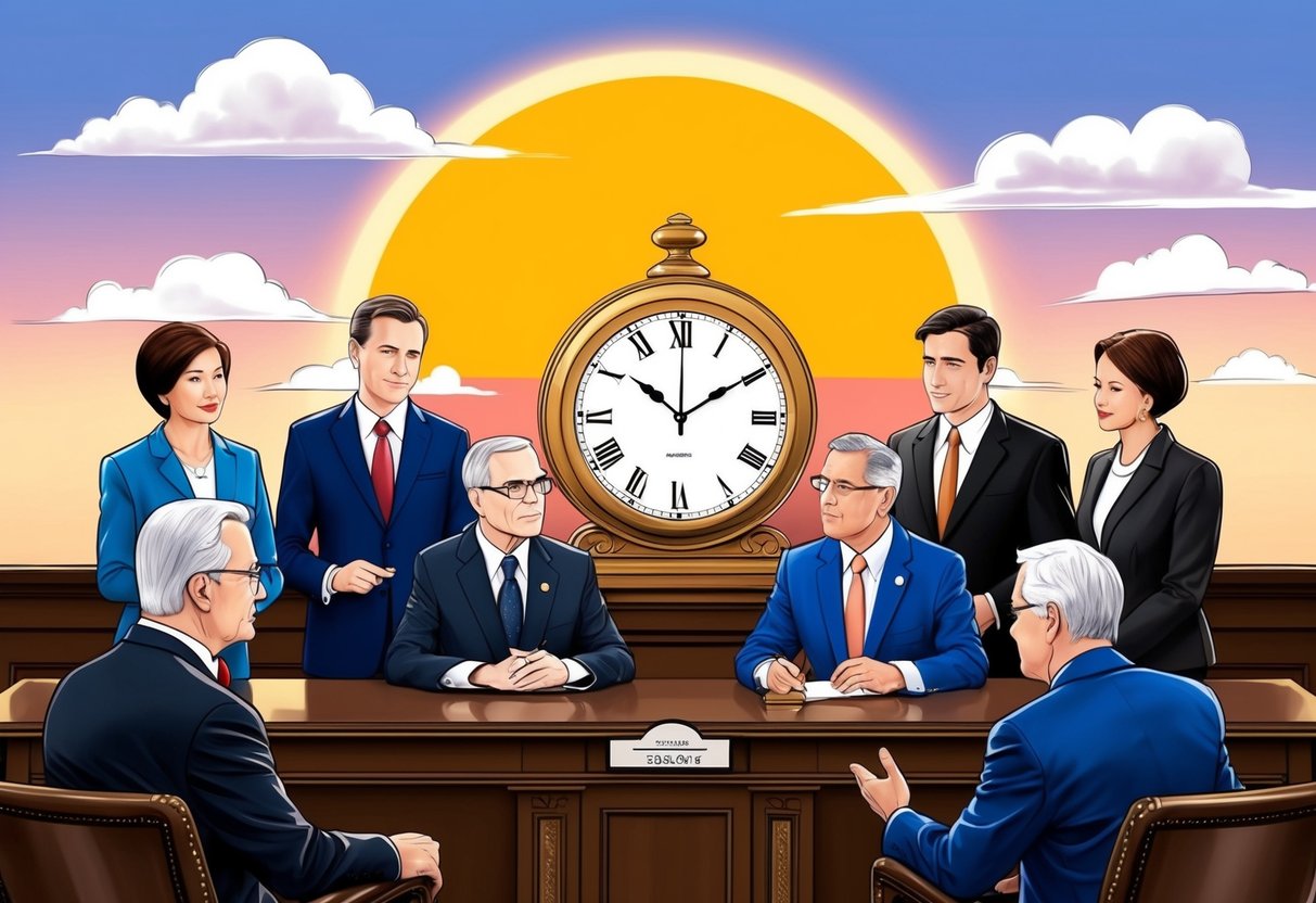 The sun setting behind a clock, with a group of people discussing time changes in a legislative setting