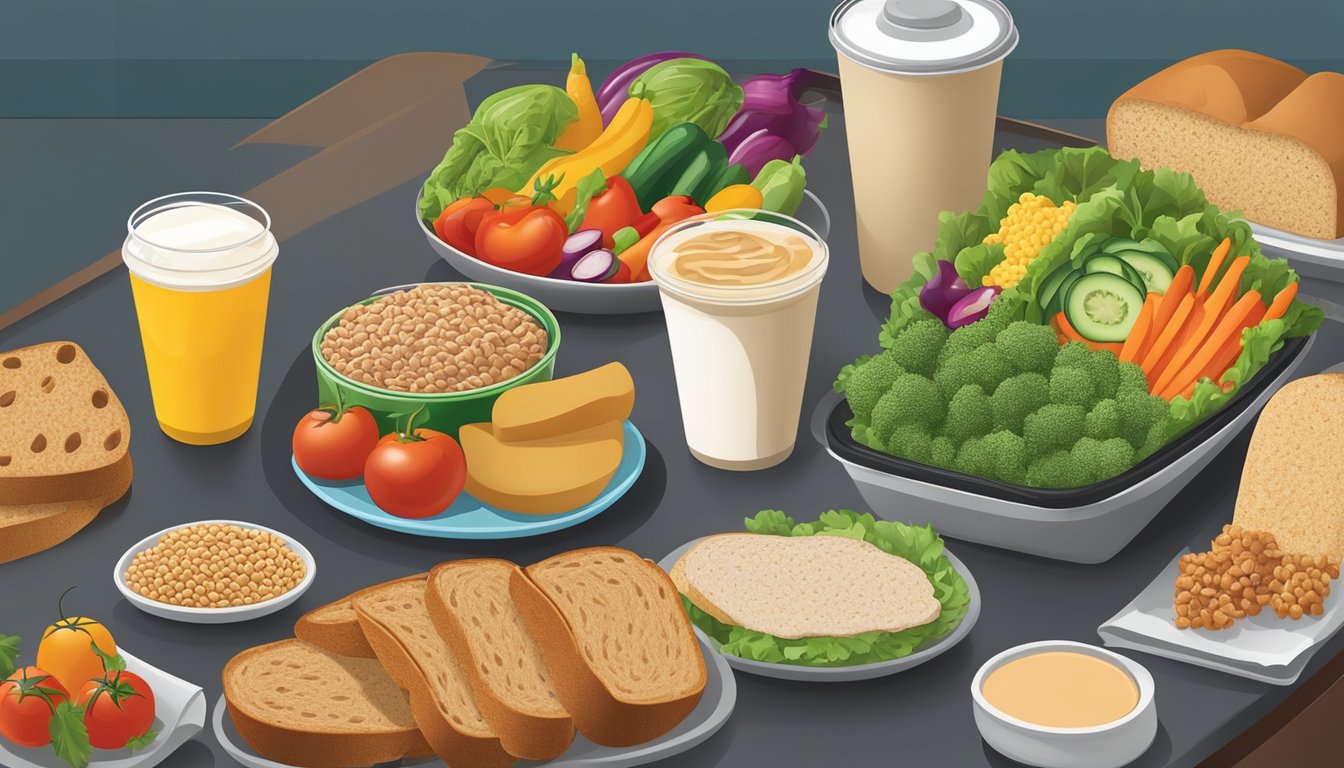 A variety of fresh vegetables, whole grain bread, and lean protein options displayed on a colorful tray at a Subway restaurant