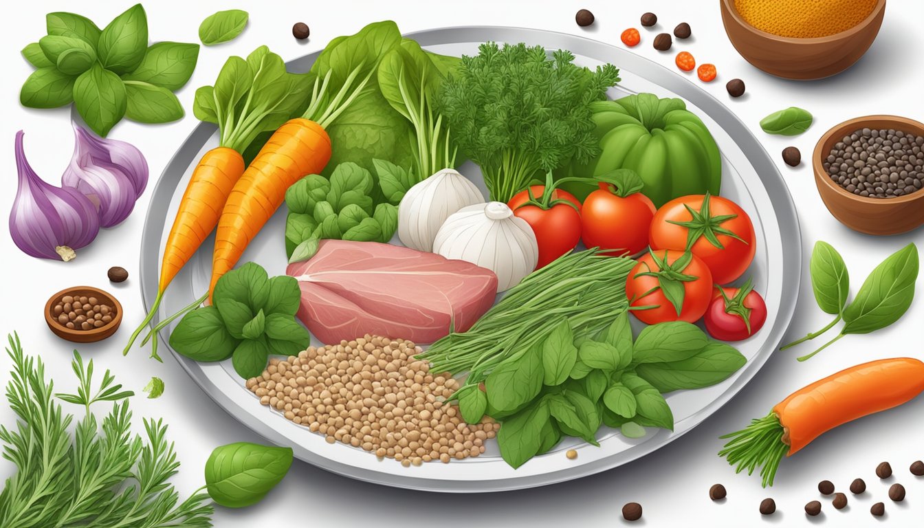 A variety of fresh herbs and spices arranged around a plate of colorful, nutritious vegetables and lean proteins