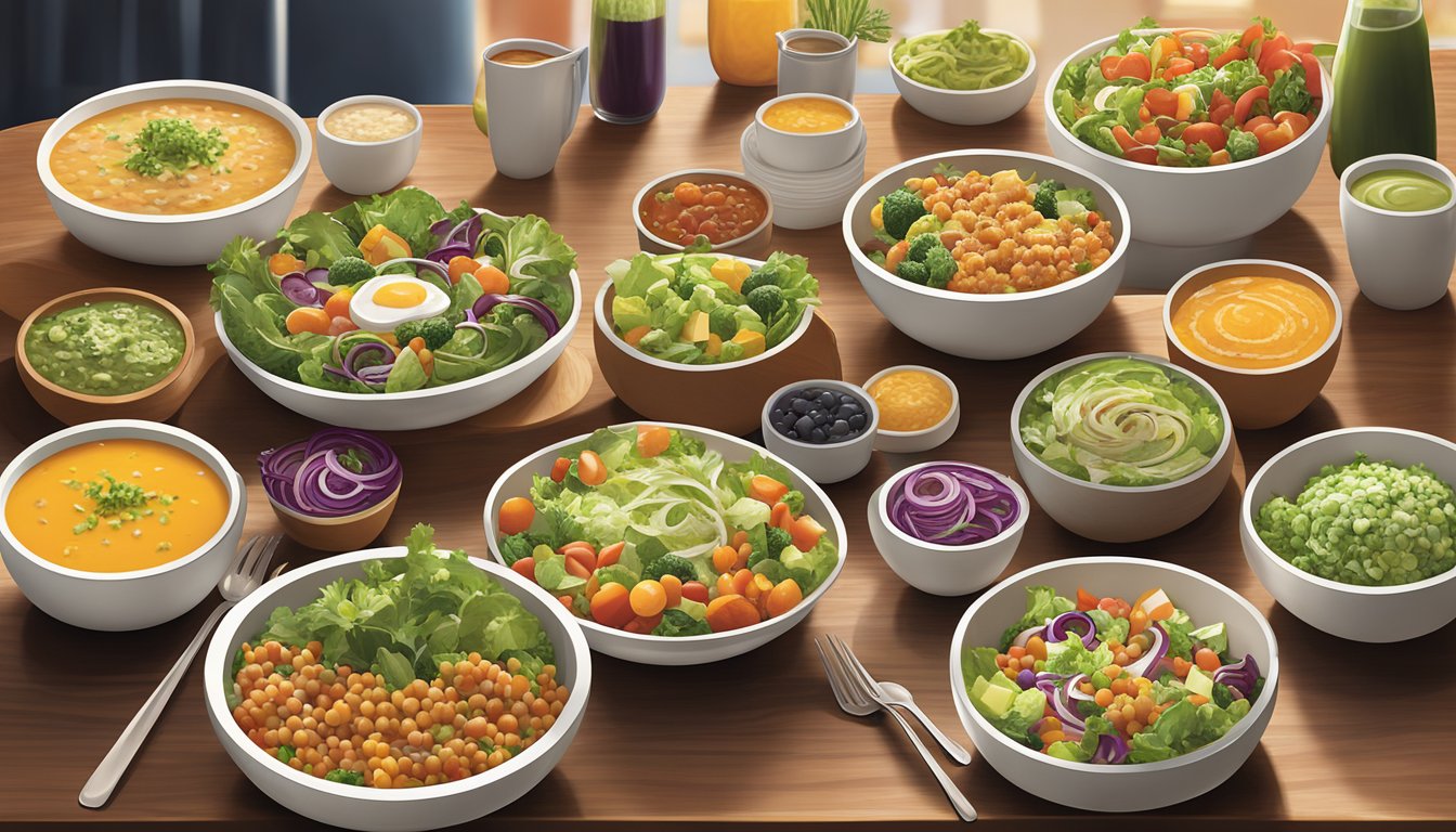 A colorful array of fresh salads, grain bowls, and vegetable soups displayed on a wooden table at a Panera Bread restaurant