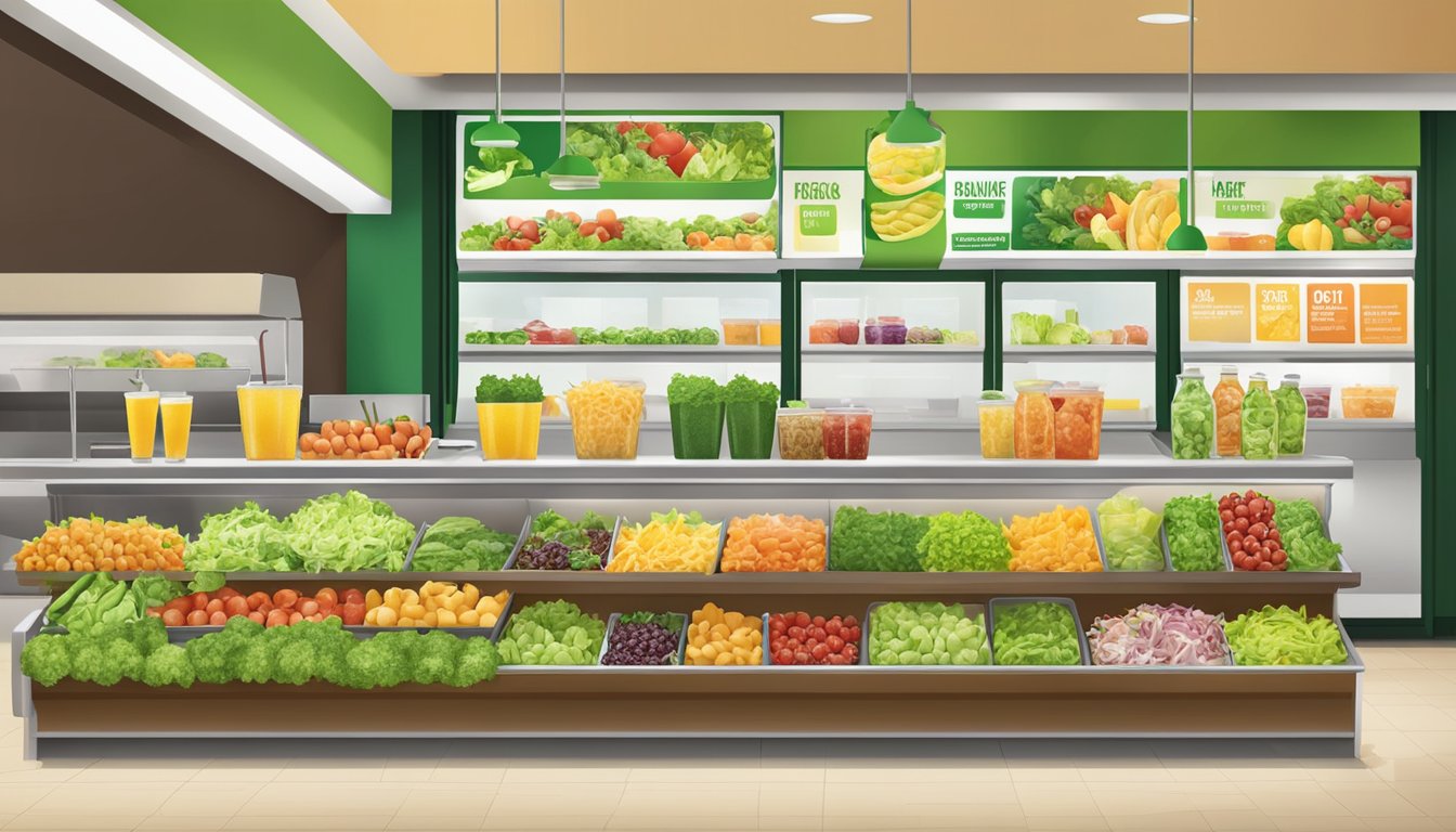 A variety of fresh salads, fruits, and vegetable options are displayed alongside refreshing drinks at a Subway restaurant