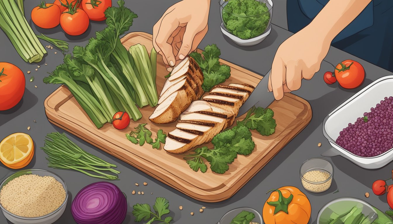 Fresh vegetables being chopped on a cutting board, while grilled chicken and quinoa are being portioned into containers for healthy meal prepping