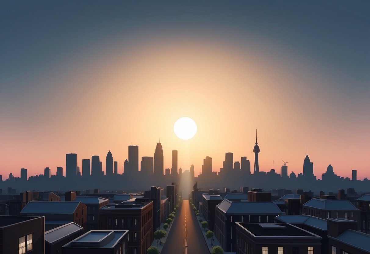 The sun rising over a city skyline, casting long shadows as it illuminates the buildings and streets
