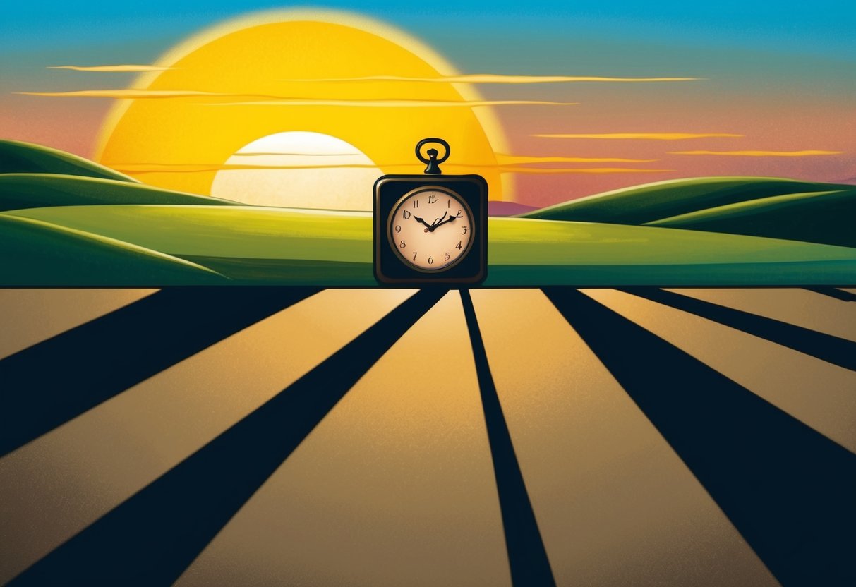 The sun setting behind a clock, casting long shadows on a landscape