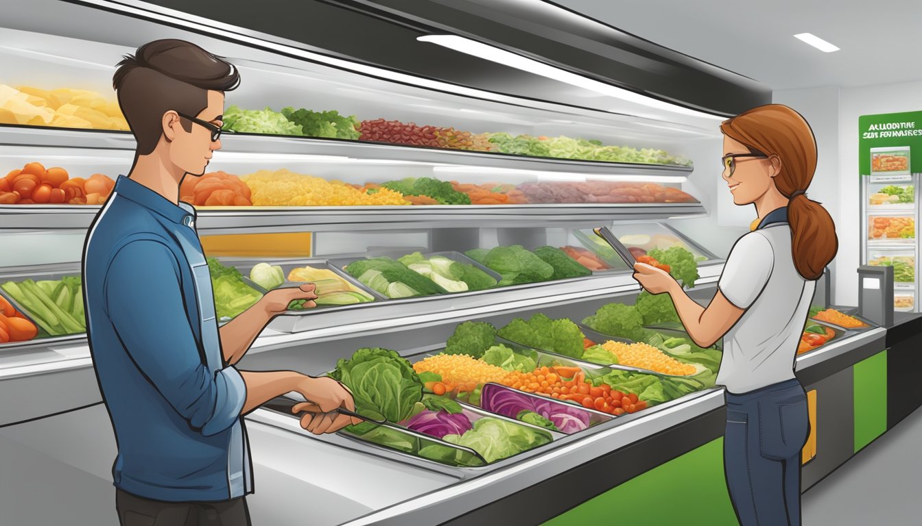 A person ordering a customized salad at Subway, choosing from a variety of fresh vegetables, lean proteins, and low-fat dressings