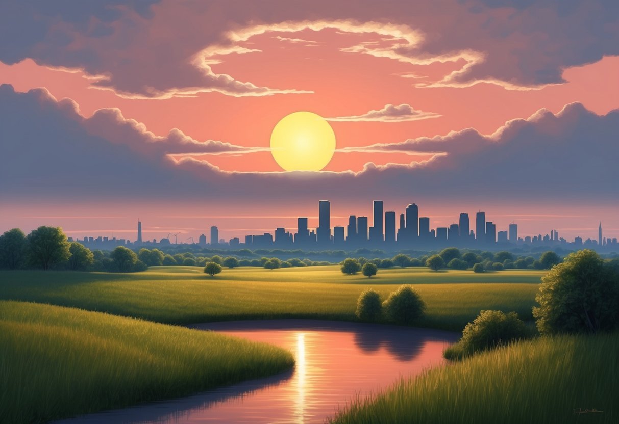 The sun rising over a tranquil countryside, casting long shadows as it sets behind a city skyline