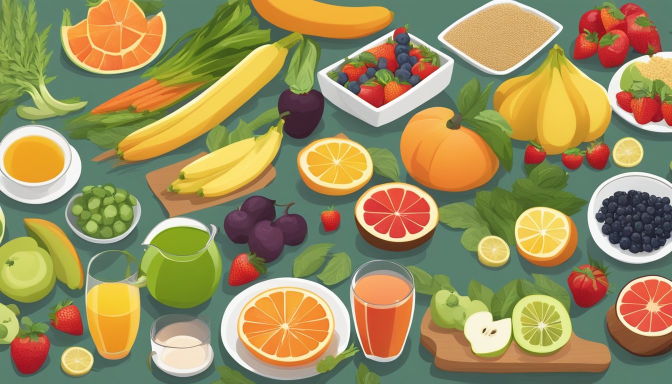 A colorful array of fresh fruits, vegetables, and whole grains arranged on a table, alongside a variety of herbal teas and natural fruit juices