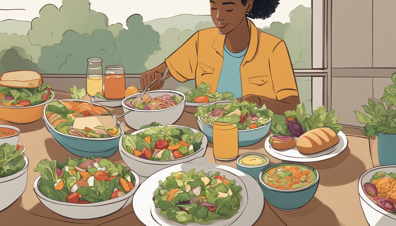 A person sits at a table with a colorful assortment of fresh salads, soups, and sandwiches from Panera Bread. The food is arranged neatly on the table, and the person is eating mindfully, savoring each bite