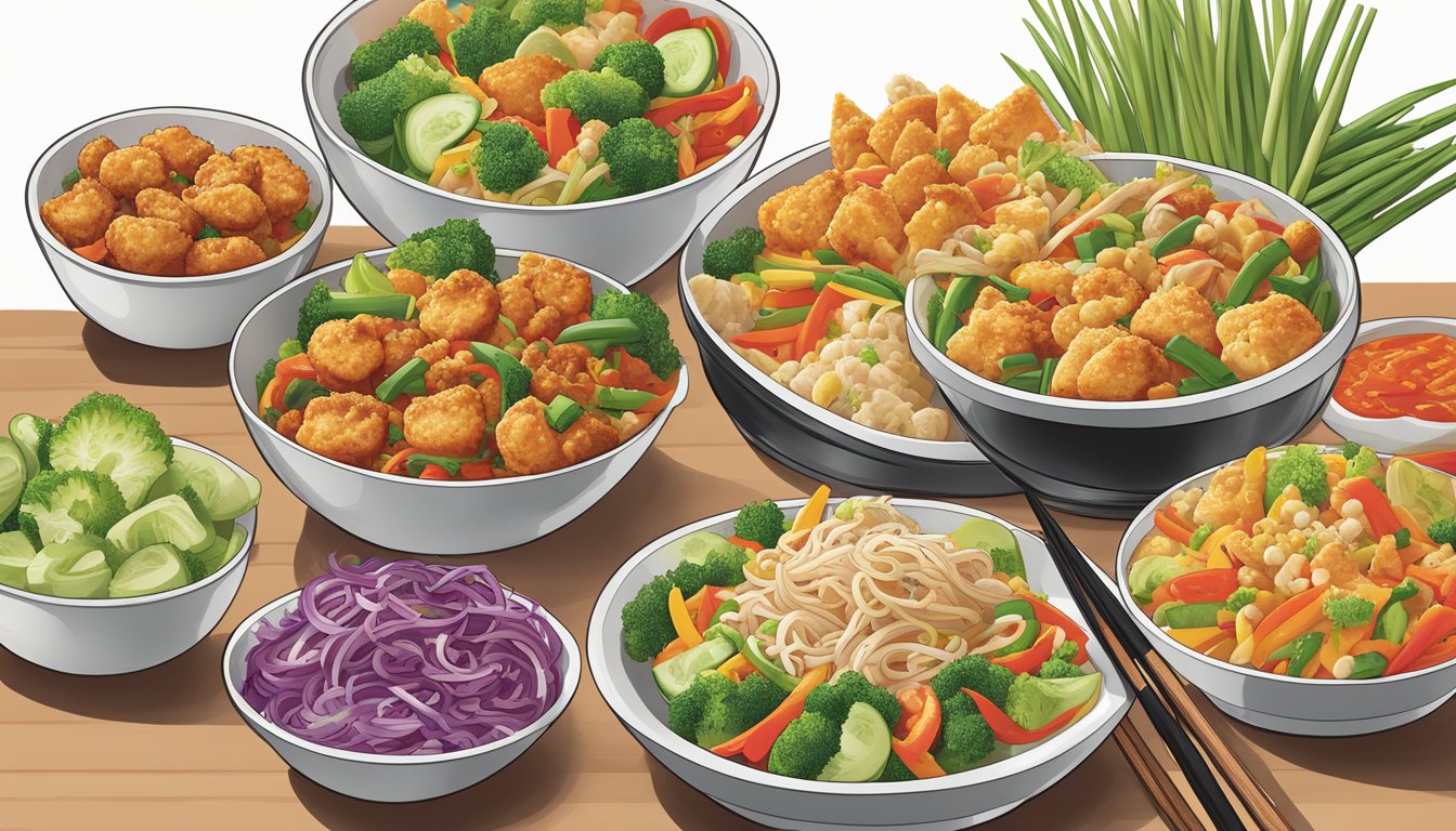 A colorful array of fresh vegetables and lean protein options are displayed on the Panda Express menu, with steaming woks and a variety of sauces