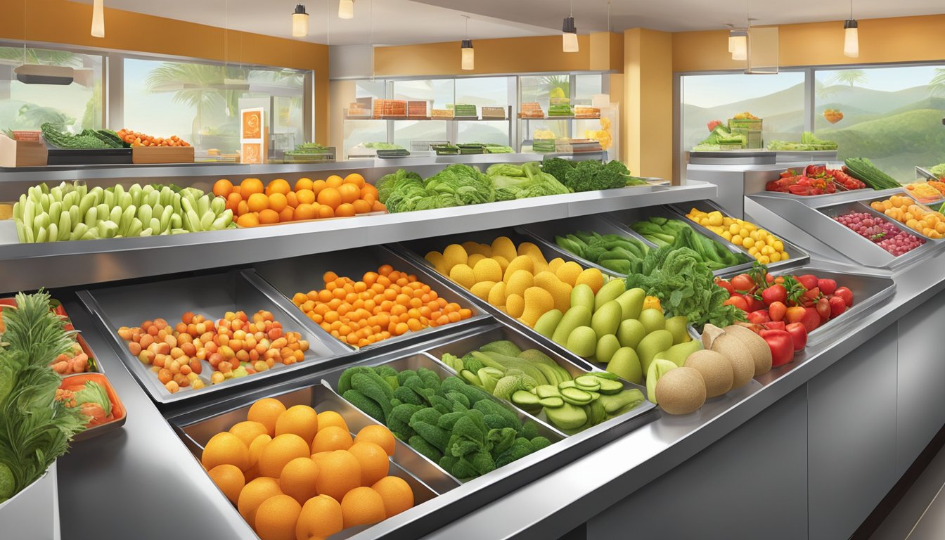 A colorful array of fresh fruits and vegetables displayed on a clean, modern counter at a Panda Express restaurant