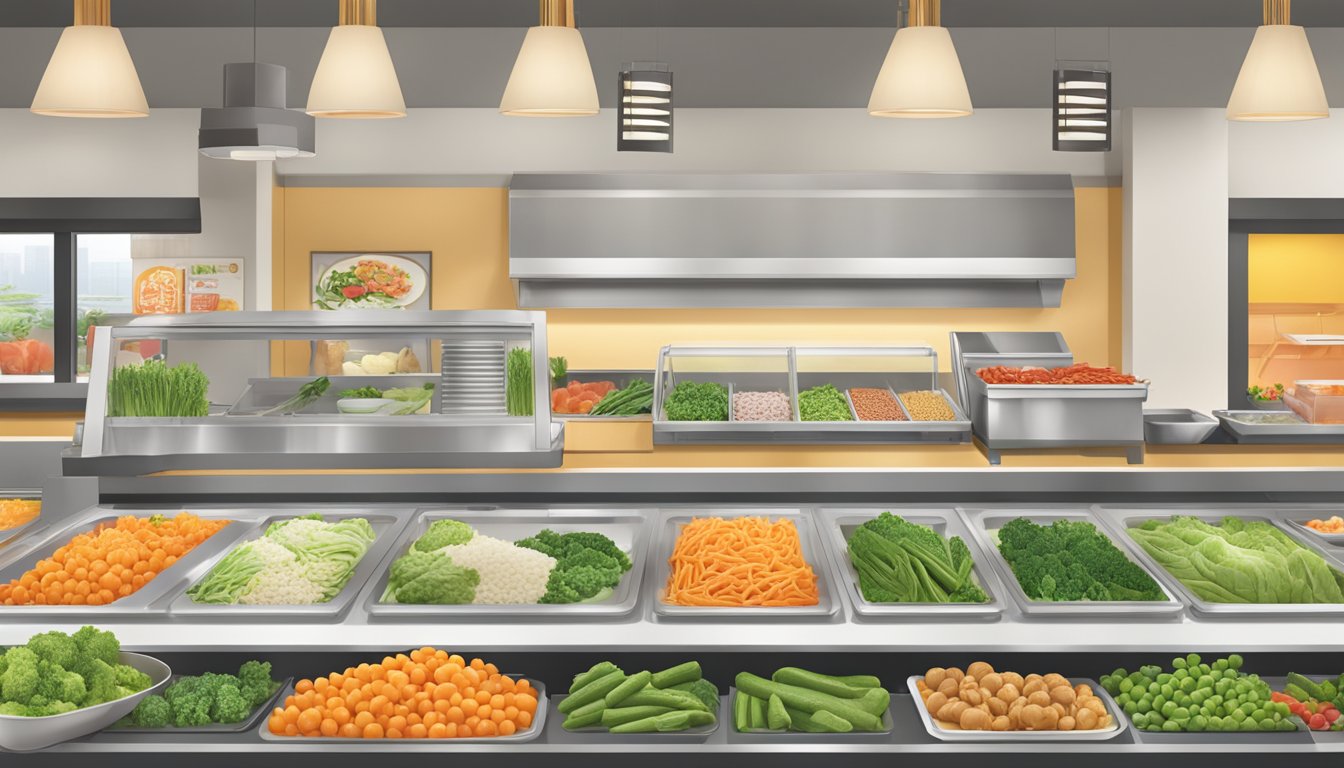 A variety of fresh vegetables and lean proteins displayed on a clean, modern serving counter at a Panda Express restaurant