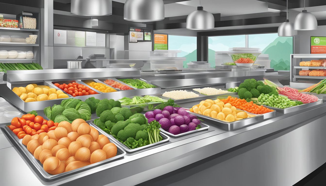 A colorful array of fresh vegetables and lean proteins displayed on a clean, modern counter at Panda Express