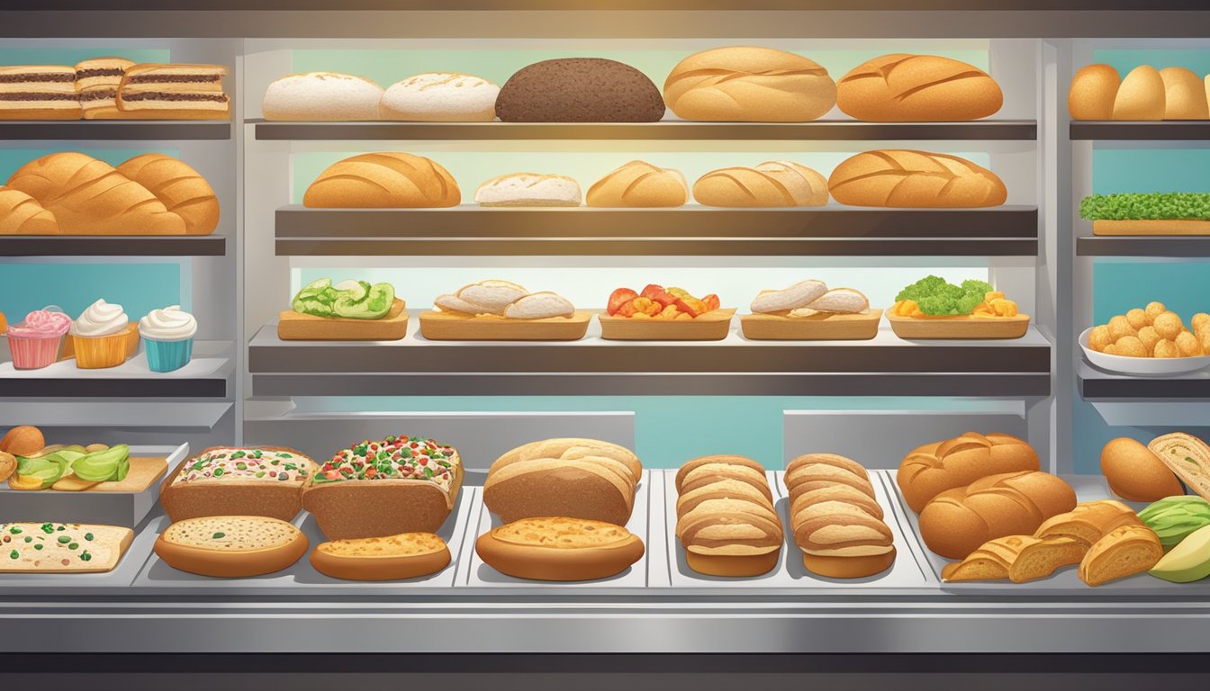 A variety of freshly baked breads and colorful, fresh toppings displayed on a clean, modern counter in a Subway sandwich shop