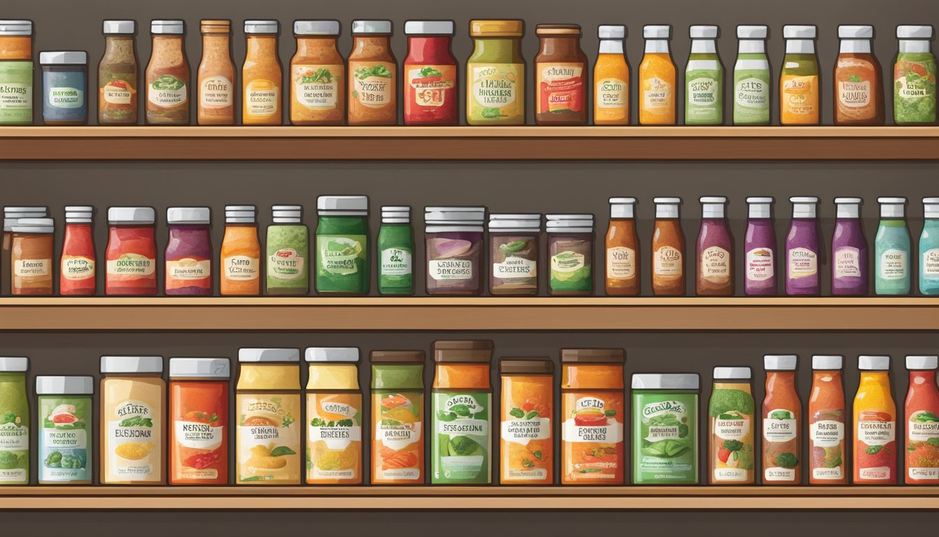 A variety of colorful and fresh sauces and seasonings displayed on a neatly organized shelf at Panda, showcasing healthy options