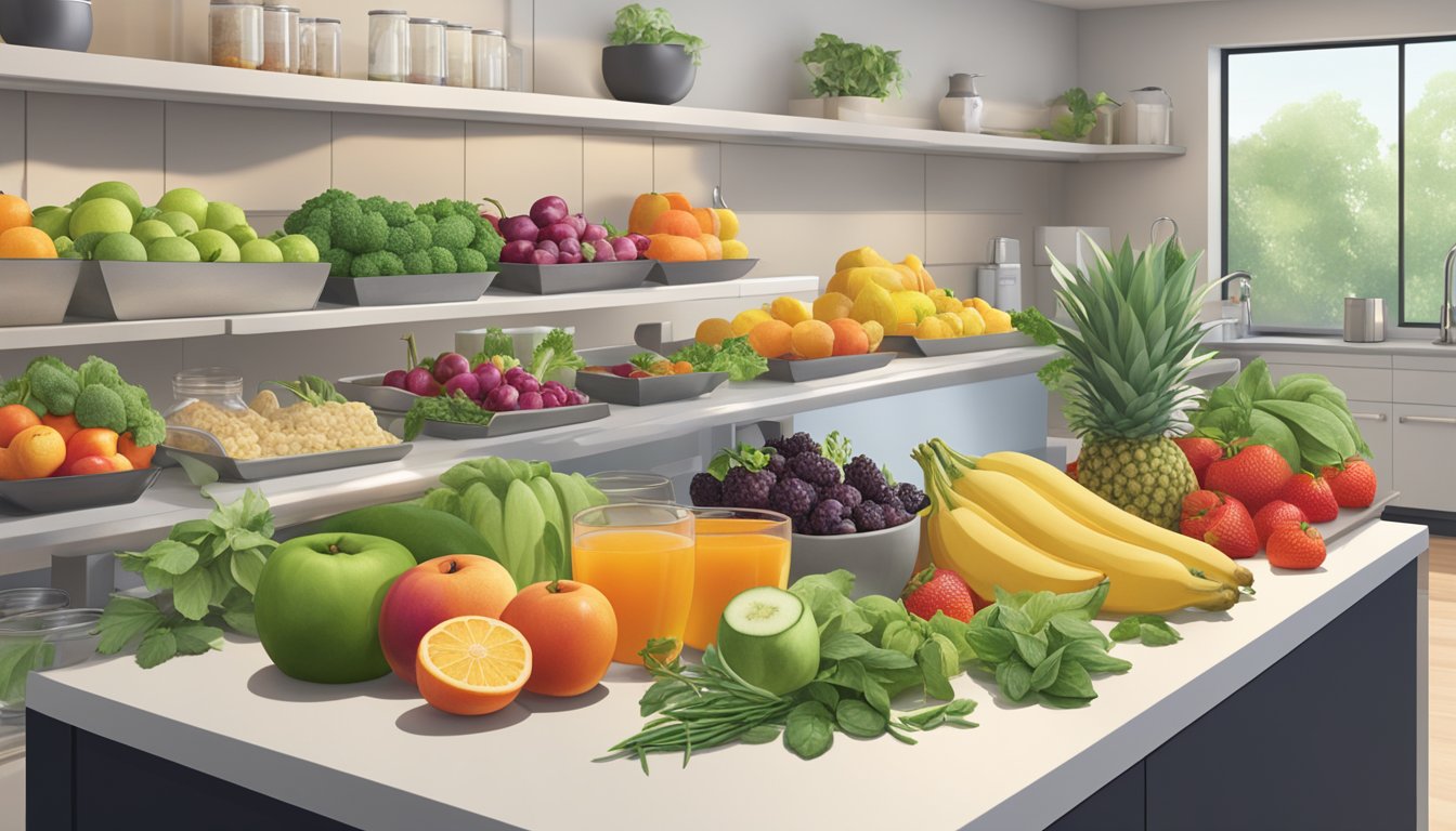 A variety of fresh fruits, vegetables, and herbal teas displayed on a clean, modern countertop at Panda, with a focus on healthy beverage options