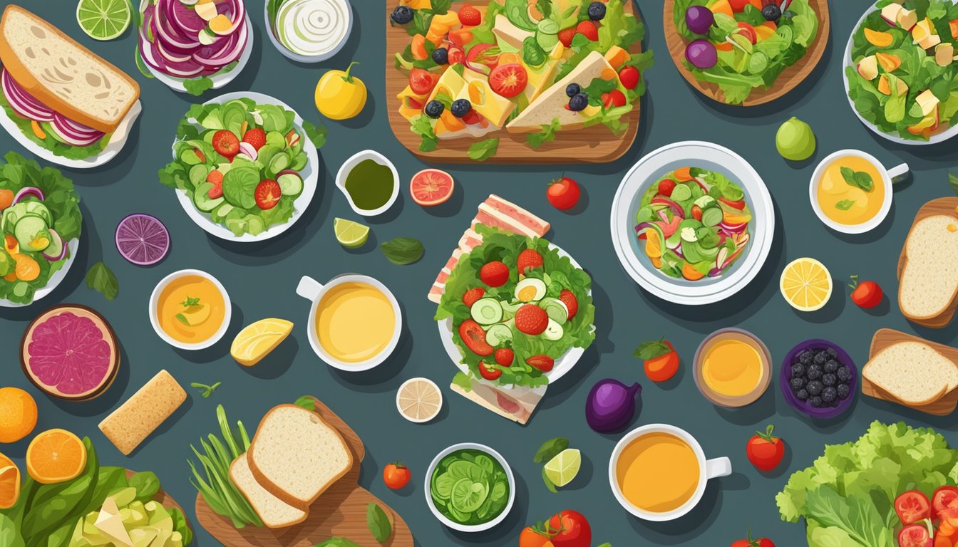 A colorful array of fresh salads, soups, and sandwiches displayed on a wooden table, surrounded by vibrant fruits and vegetables