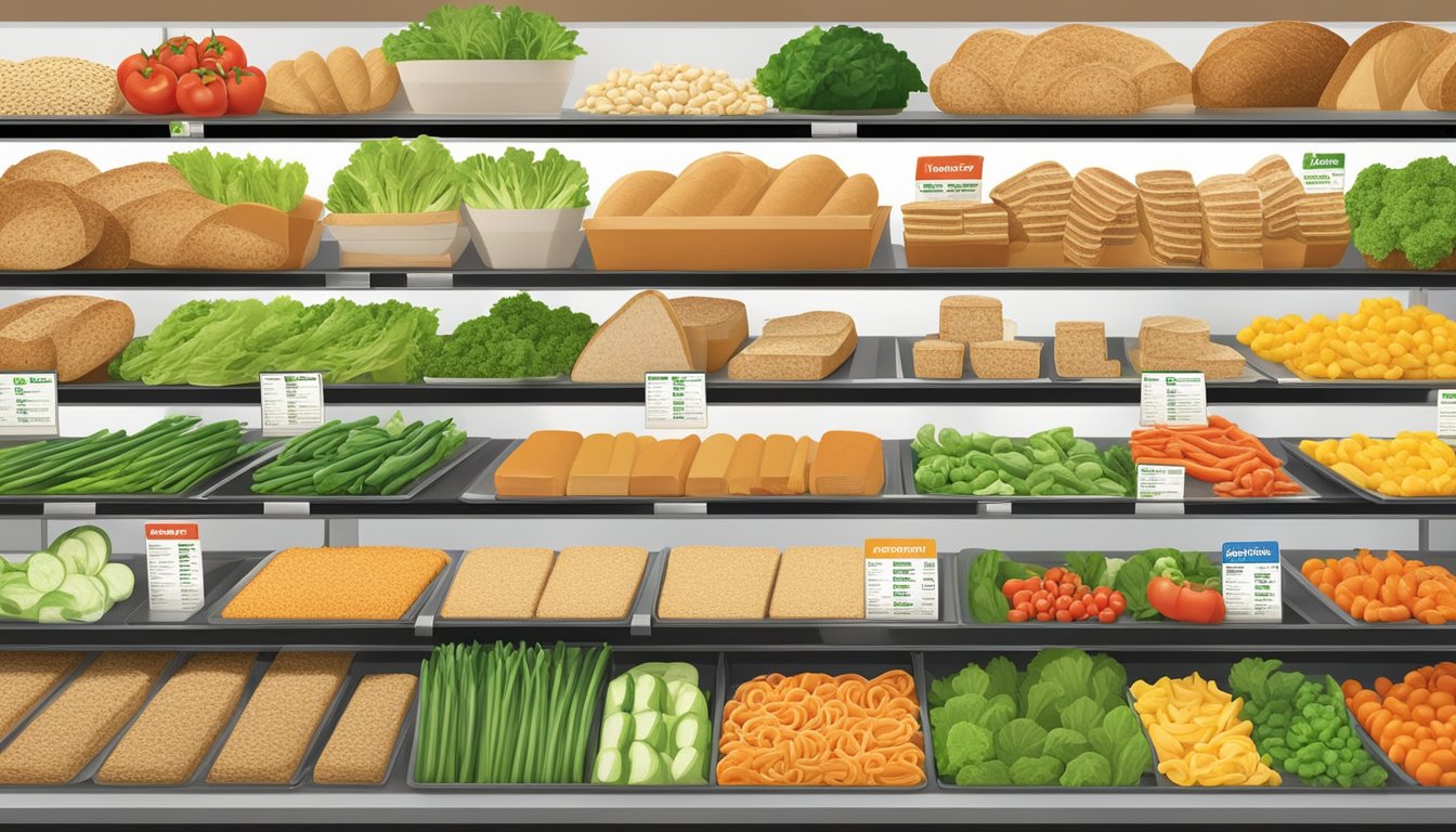 A colorful display of fresh vegetables, lean proteins, and whole grain bread options at a Subway restaurant, with nutritional information labels visible