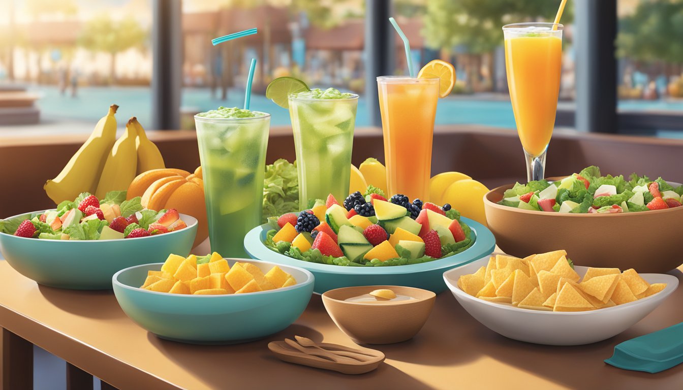 A table with colorful, fresh beverages and snacks, including salads and fruit, displayed in a bright, inviting setting at Panera Bread