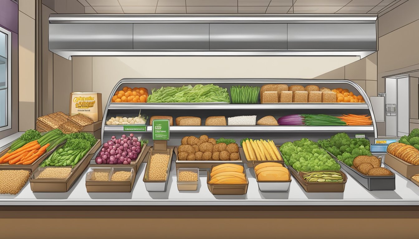 A colorful display of fresh vegetables, whole grain bread, and lean protein options arranged on a counter at a Subway restaurant