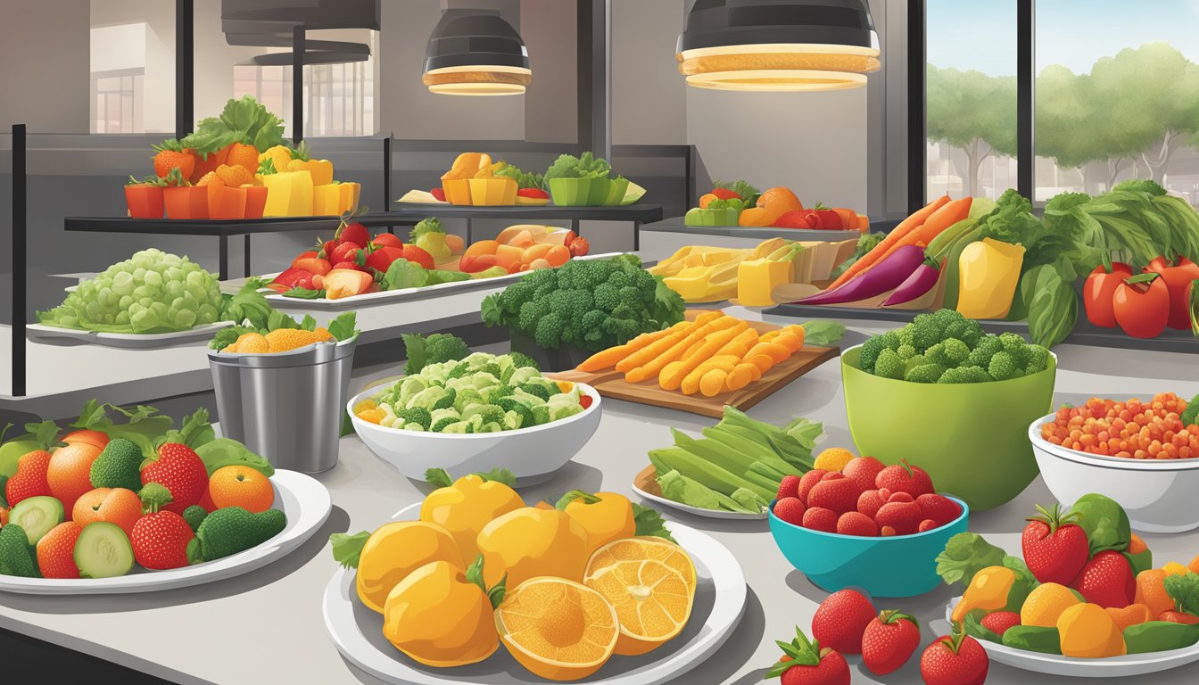 A colorful array of fresh fruits and vegetables displayed at a Panda Express restaurant, alongside a selection of wholesome, balanced meal options