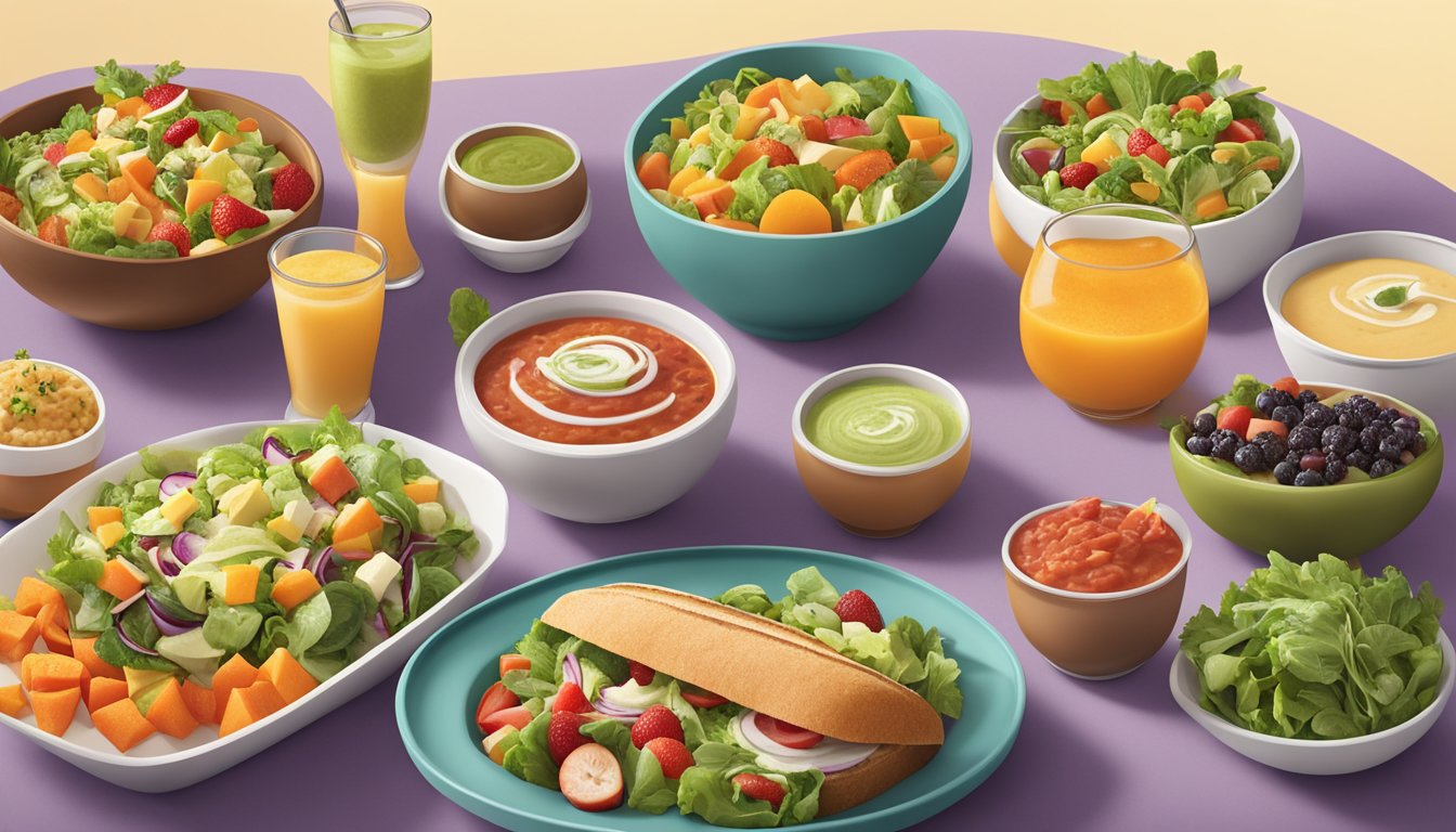 A colorful display of fresh salads, sandwiches, and soups at Panera Bread, surrounded by vibrant seasonal fruits and vegetables