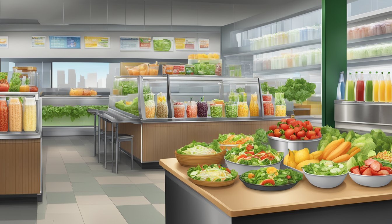 A variety of fresh salads, fruits, and vegetable options are displayed next to a selection of refreshing beverages at a Subway restaurant