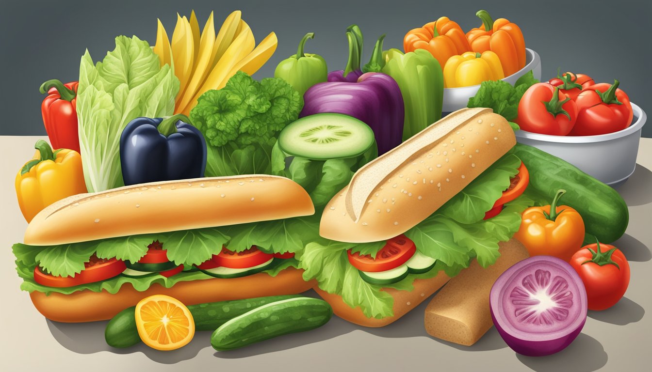 A colorful array of fresh fruits and vegetables, including lettuce, tomatoes, cucumbers, and bell peppers, arranged in a subway sandwich shop