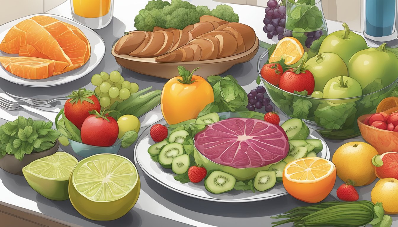 A table set with a variety of fresh fruits, vegetables, and lean proteins, alongside a menu featuring clear and descriptive healthy meal options