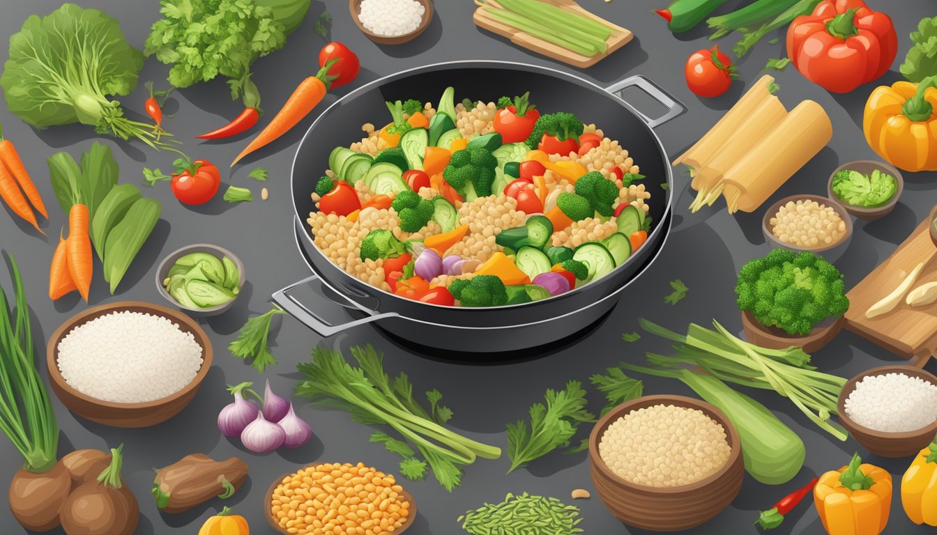 A colorful array of fresh vegetables and lean proteins stir-frying in a wok, surrounded by a variety of whole grains and steamed rice