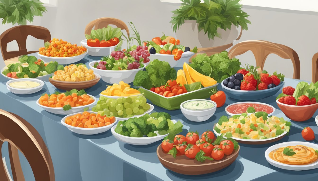 A table set with an assortment of colorful and fresh appetizers and starters, including a variety of fruits, vegetables, and dips