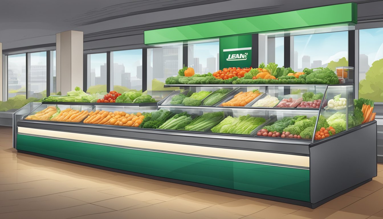 A variety of fresh vegetables and lean protein options are neatly displayed behind the glass counter at a Subway restaurant