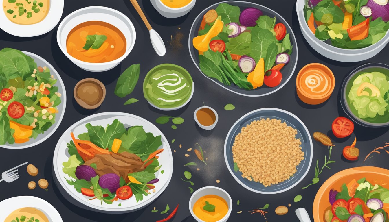 A table set with colorful, fresh dishes: grilled vegetables, lean proteins, and whole grains. A vibrant salad and a steaming bowl of soup accompany the main courses