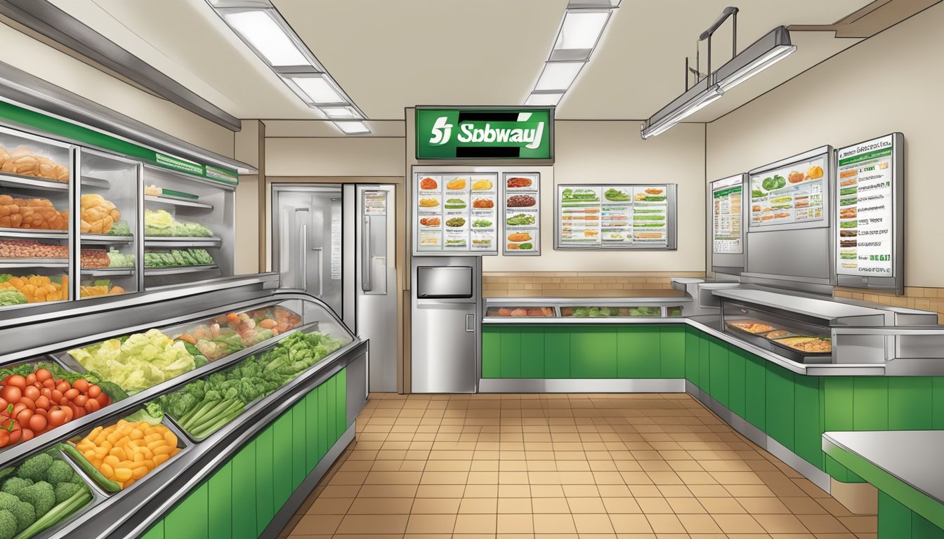 A variety of fresh vegetables and lean protein options displayed in a Subway restaurant, with clear signage indicating special dietary needs