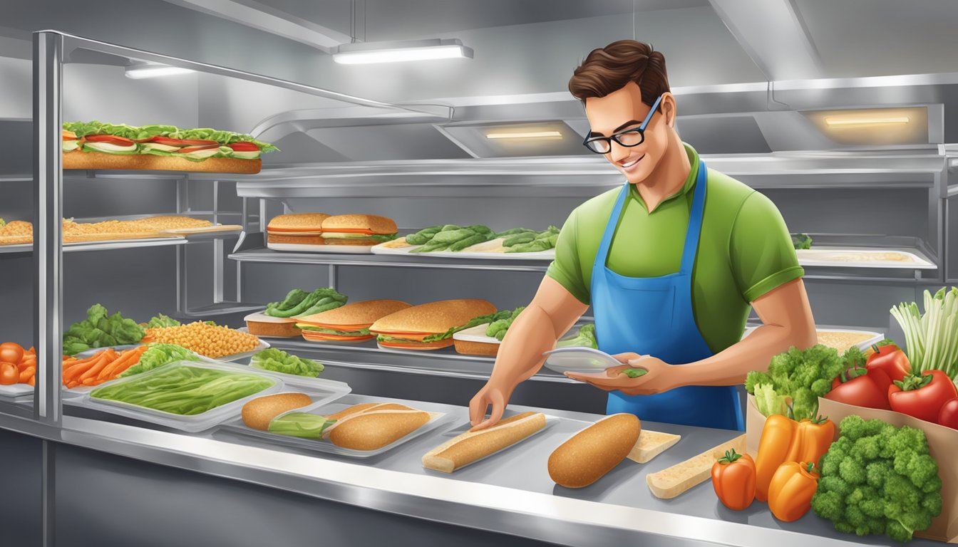 A Subway sandwich artist prepares fresh vegetables and lean protein options for a customer's healthy meal