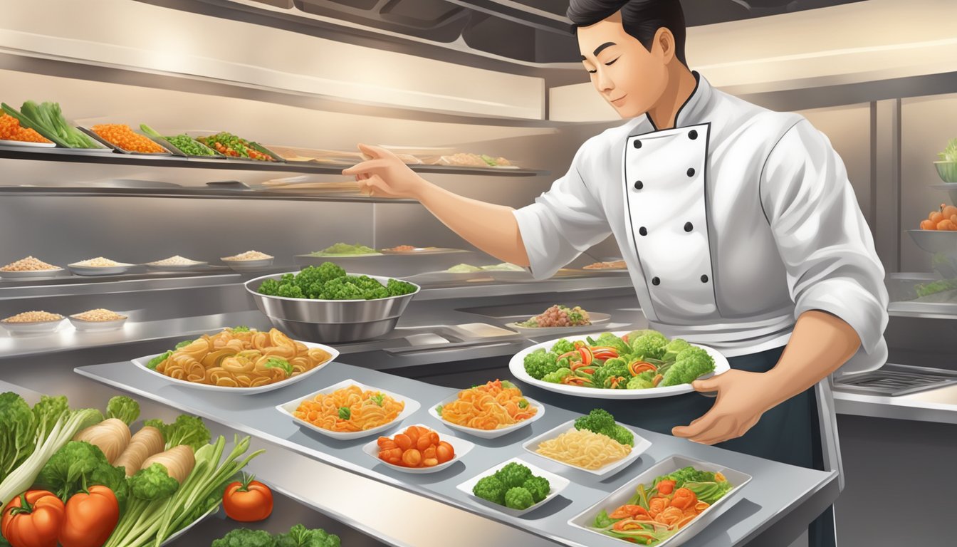 A person pointing to a menu with various healthy Chinese food options, while a chef prepares fresh vegetables in the background