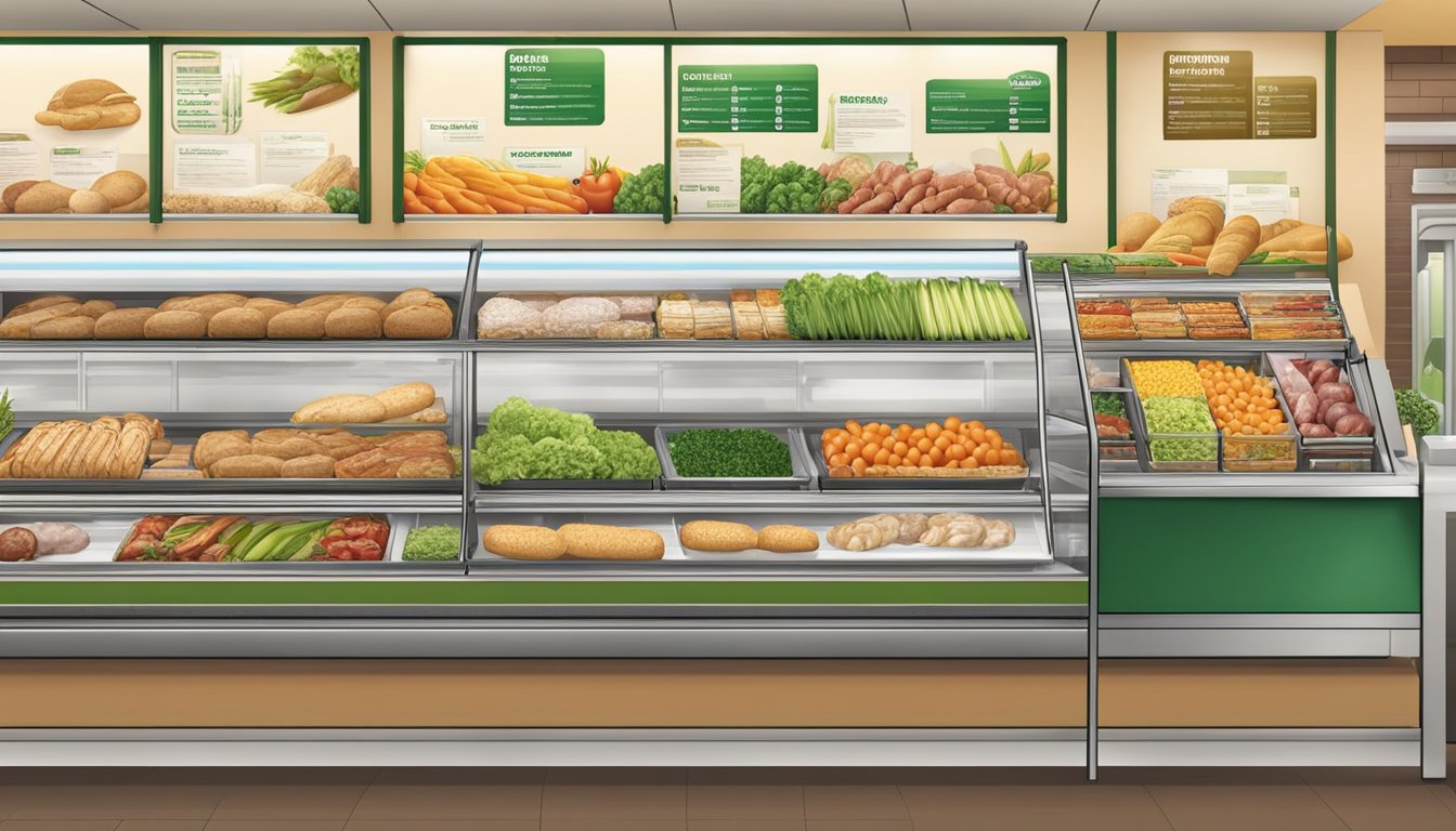 A variety of fresh vegetables, lean meats, and whole grain breads displayed in a Subway store, with additional nutritional resources visible on the counter