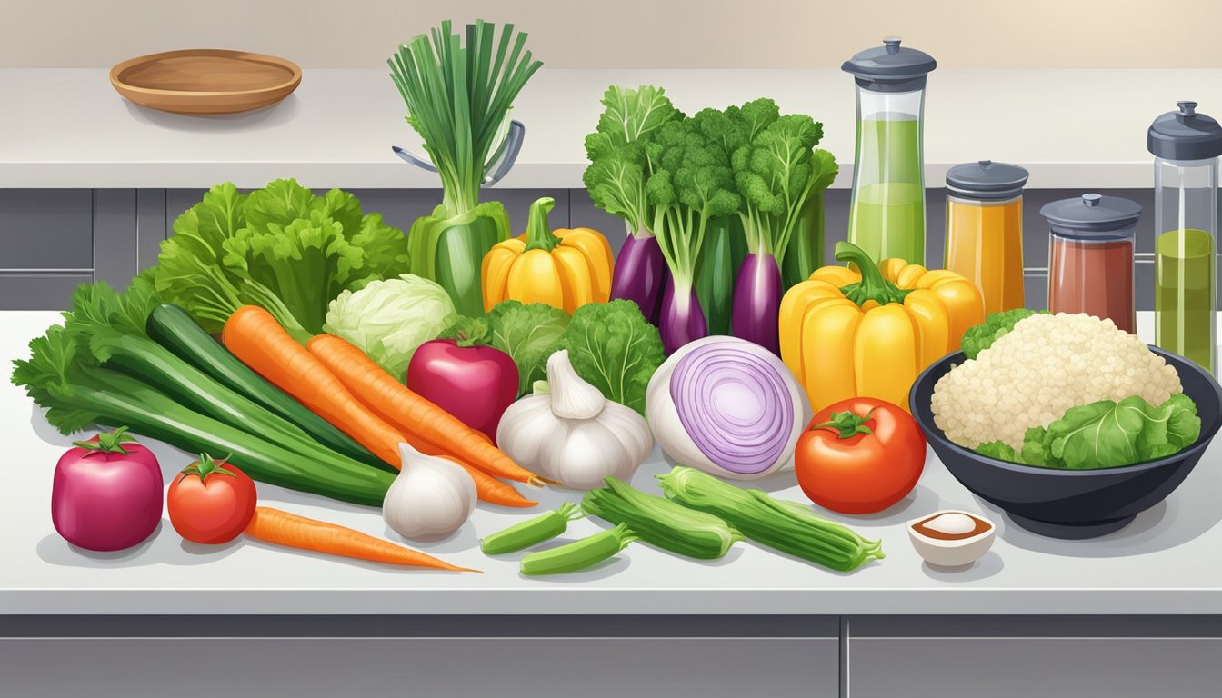 A colorful array of fresh vegetables and lean proteins arranged on a clean, organized kitchen counter, ready to be used in the preparation of healthy Chinese cuisine