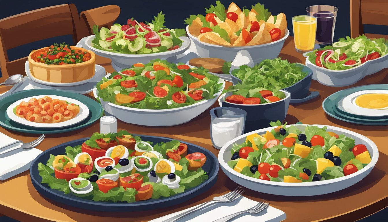 A table set with a variety of colorful and fresh appetizers and starters, including salads, bruschetta, and vegetable platters, at an Olive Garden restaurant