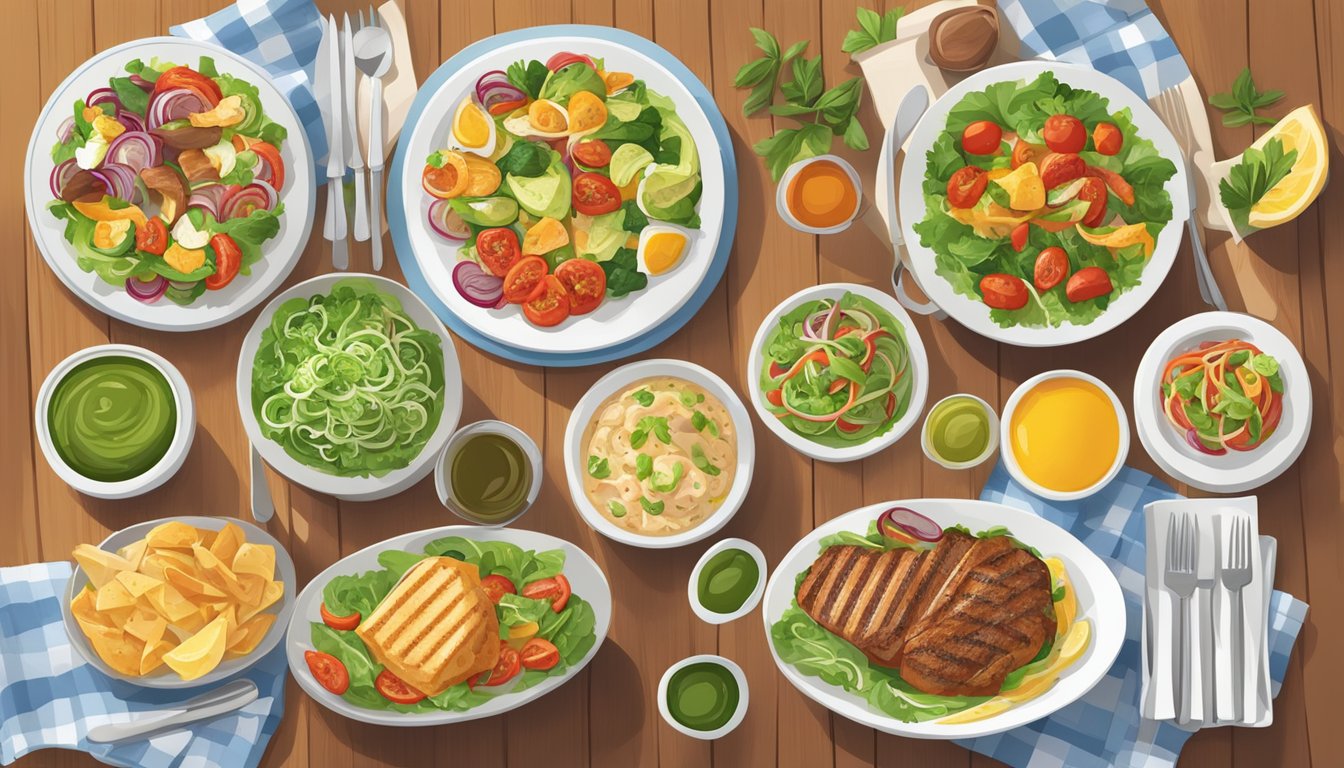 A table set with a variety of colorful and fresh main course options, including salads, grilled vegetables, and lean protein dishes, at an Olive Garden restaurant