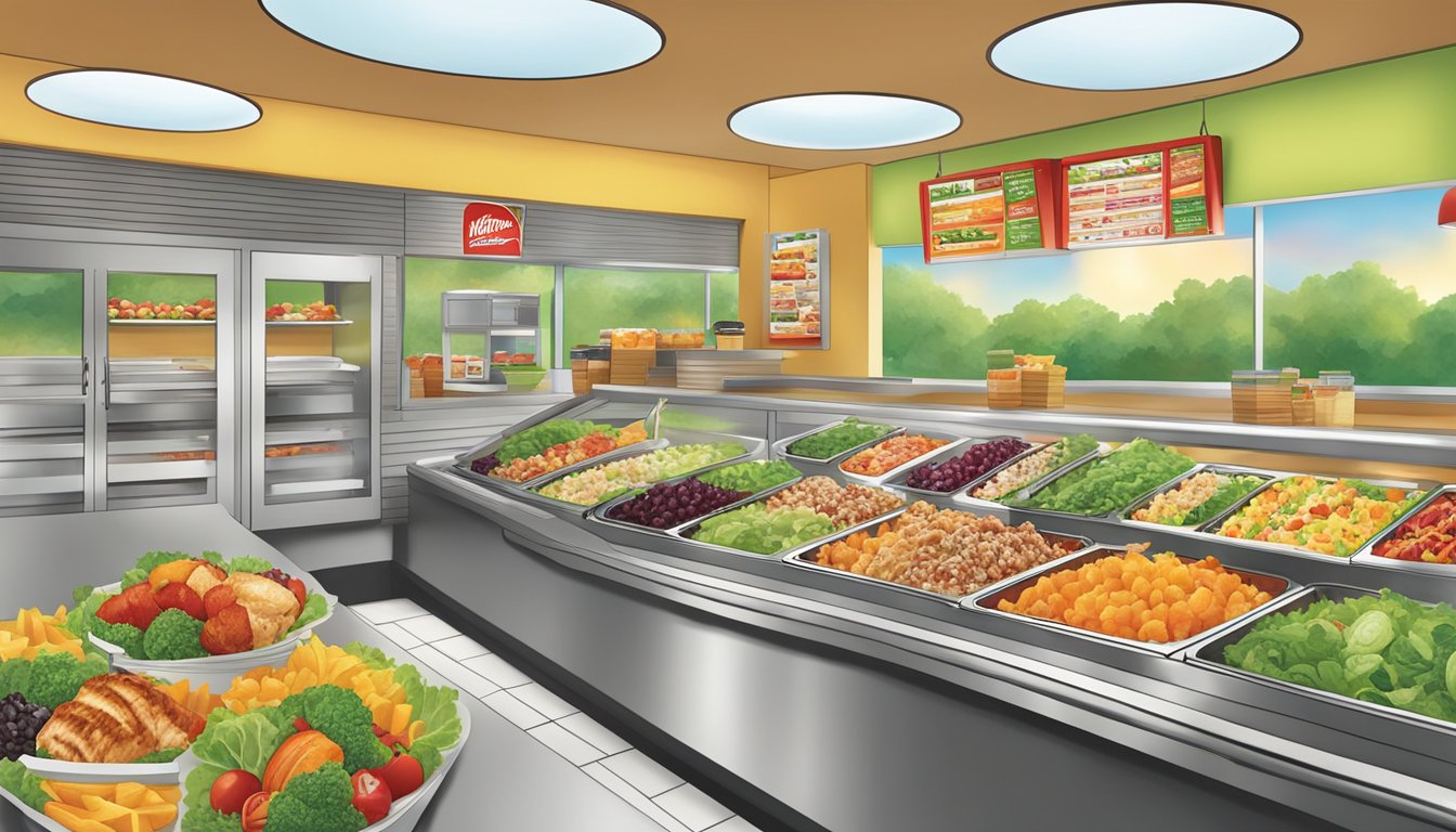 A colorful display of fresh salads, grilled chicken, and fruit cups at a Wendy's restaurant