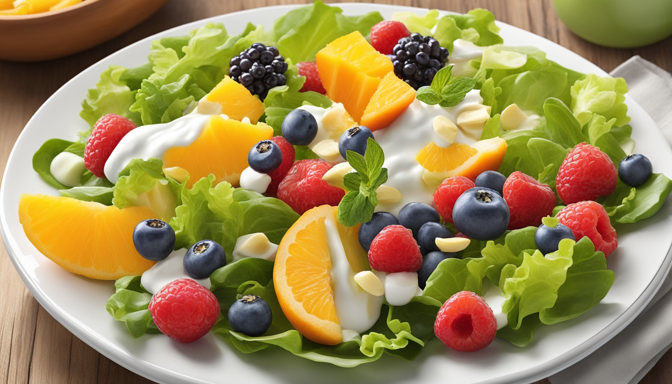 A colorful array of fresh salad, fruit, and yogurt on a clean white plate