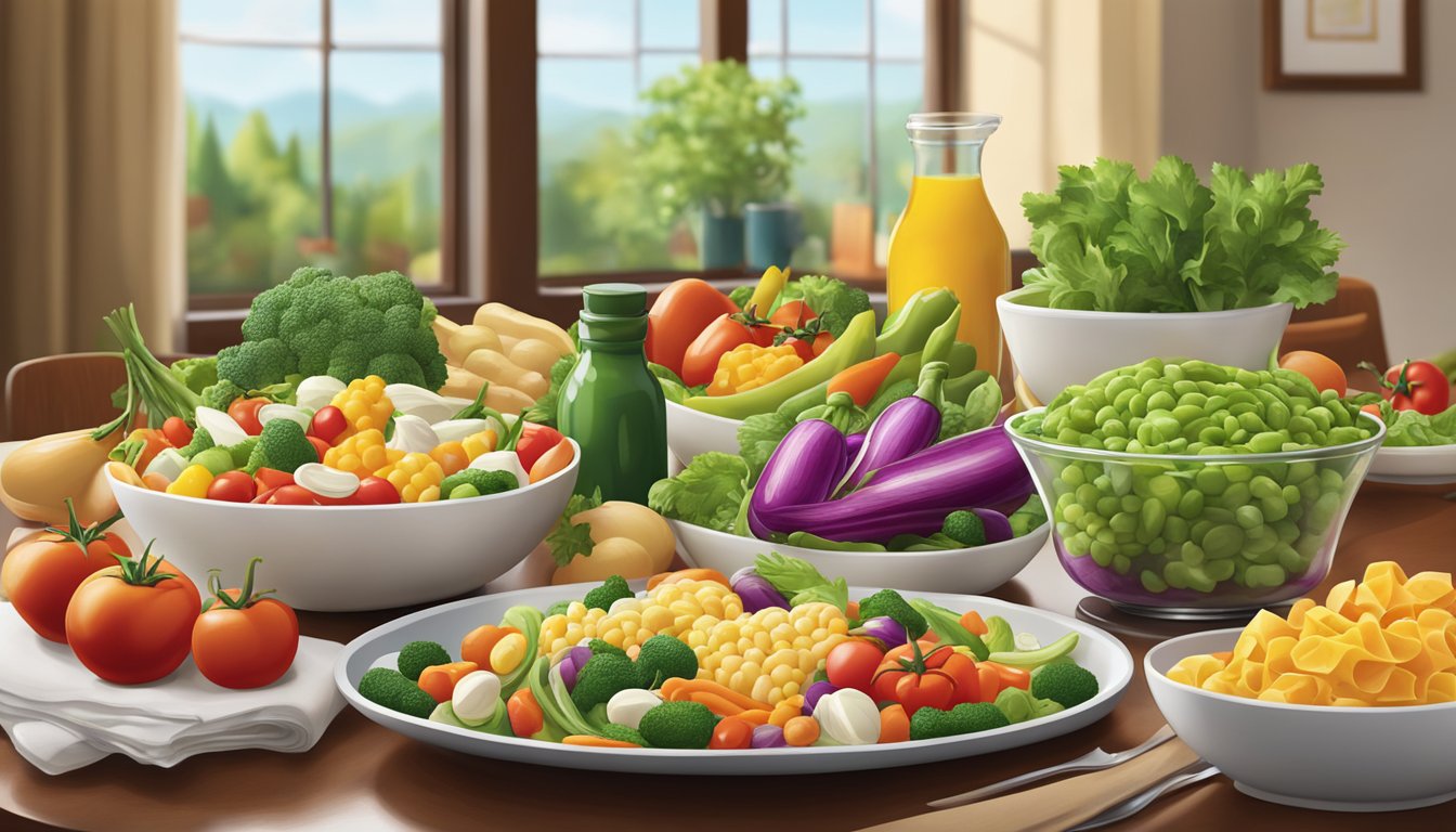 A colorful array of fresh vegetables and lean proteins displayed on a clean, modern table setting at an Olive Garden restaurant