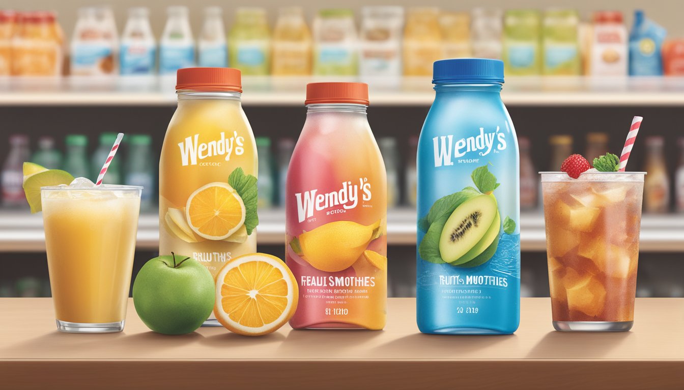 A variety of healthy beverage options displayed at Wendy's, including fruit smoothies, bottled water, and iced tea