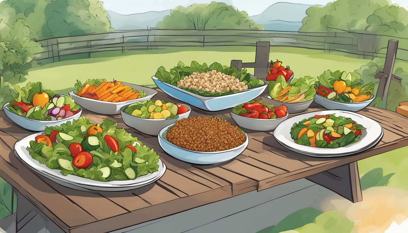 A colorful array of fresh salads, grilled vegetables, and whole grain sides arranged on rustic serving platters at an outdoor garden setting