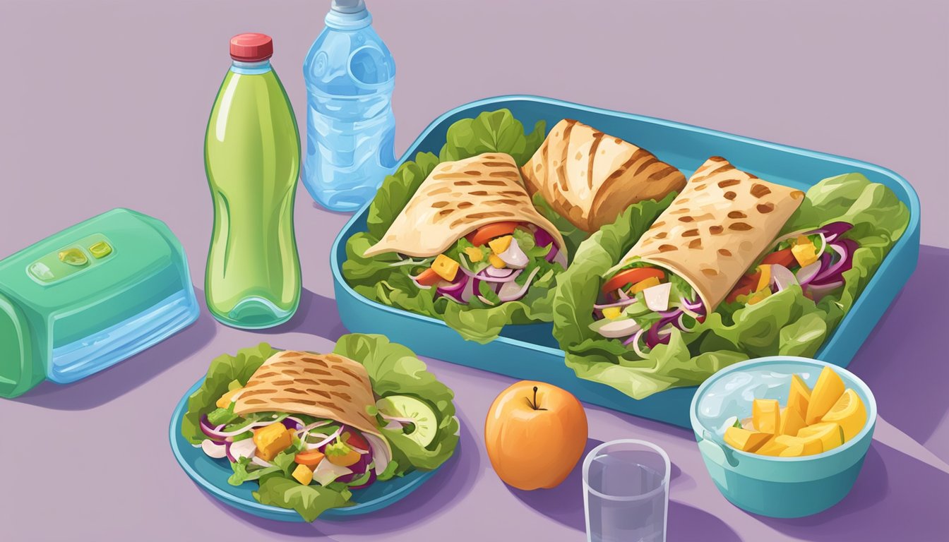 A colorful tray with a small salad, apple slices, and a grilled chicken wrap, alongside a bottle of water and a toy