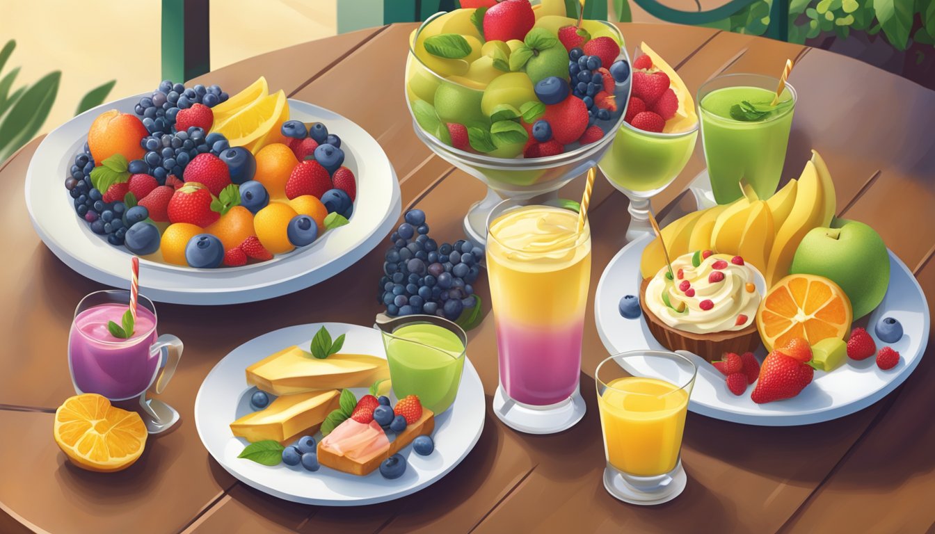 A table set with colorful fruit platters, refreshing smoothies, and decadent desserts at an Olive Garden restaurant