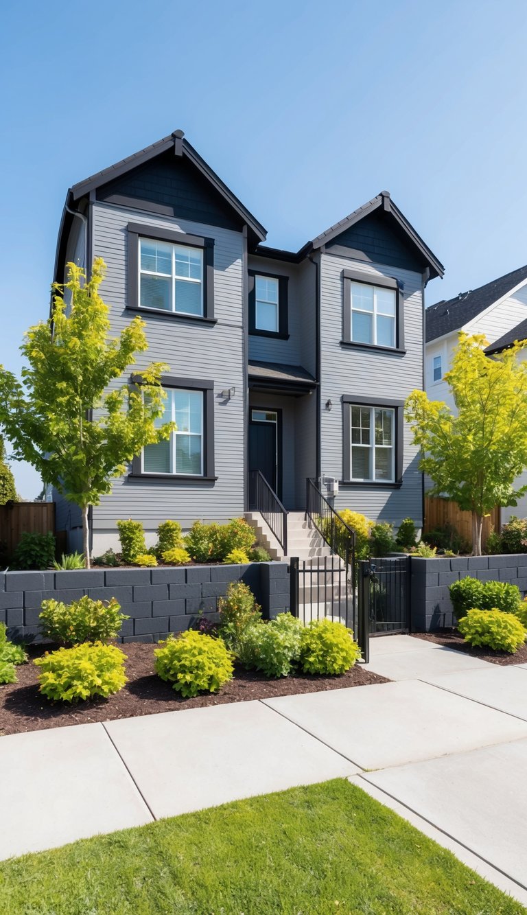 A two-story gray house with black trim, surrounded by a well-maintained garden and a charcoal block accent wall