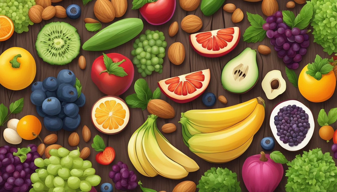 A colorful array of fresh fruits and vegetables arranged on a wooden cutting board, surrounded by a variety of nuts and seeds