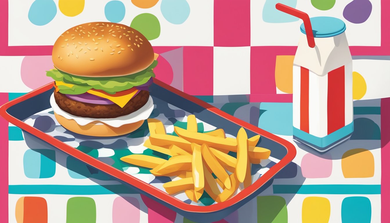 A colorful tray with a small burger, apple slices, and a carton of milk on a vibrant, kid-friendly placemat at a Wendy's restaurant